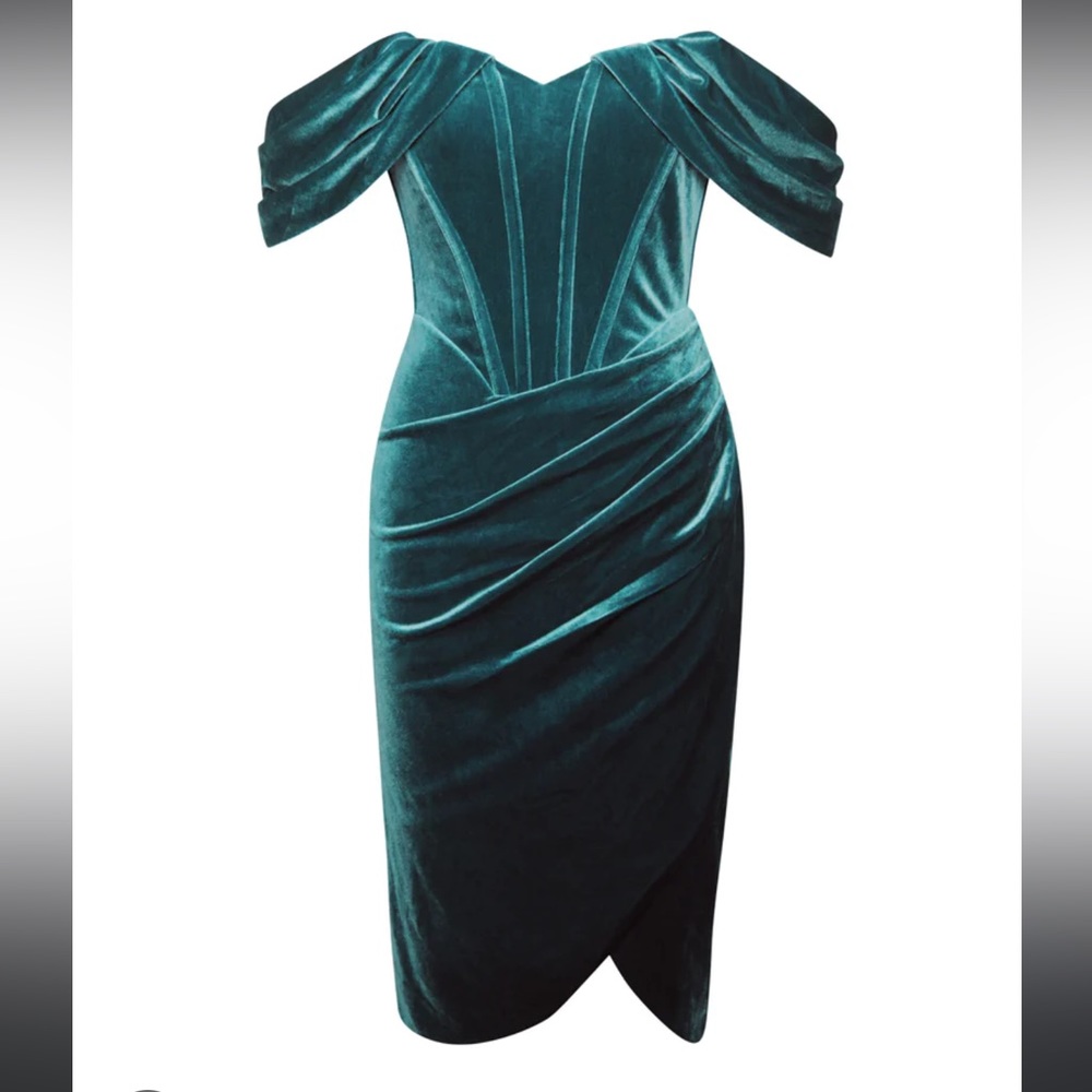 Velvet Corset Off the Shoulder Midi Dress with Slit in Teal